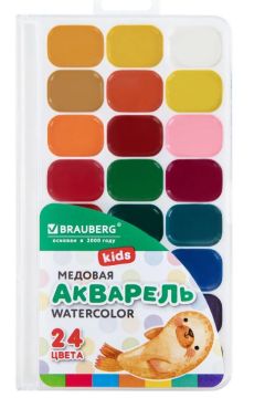 Краски акварельные 24цв медовые квадратные кюветы BRAUBERG KIDS NEW 1/30