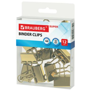 Зажимы для бумаг BRAUBERG EXTRA, КОМПЛЕКТ 12 шт, 32 мм, на 140 л, золотистые, европодвес 1/5/10