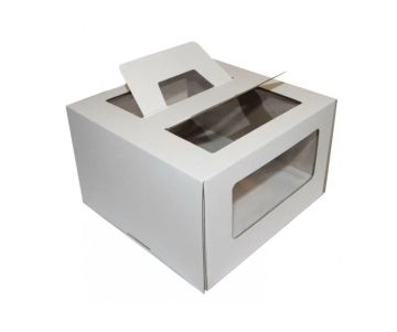 Коробка для торта с окном с ручками 220х220х150мм картонная белая 25/25