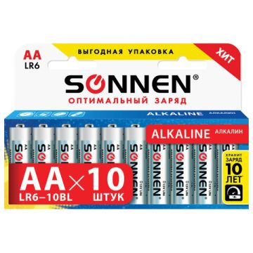 Элемент питания SONNEN, AA (LR6), КОМПЛЕКТ 10шт., АЛКАЛИН , в блистере, 1.5В, 1/6/60