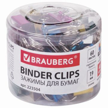 Зажимы для бумаг BRAUBERG 40 шт 19 мм на 60 листов  металлик пласт. цилиндр 1/2/12