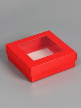 Коробка с окном 150х150х50мм картонная красная 5/350