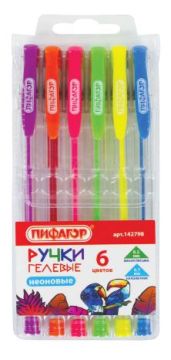 Набор гелевых ручек 06цв узел 0,7мм линия 0,5мм неон Пифагор 1/24