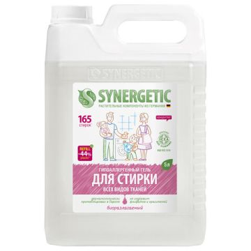 Средство жидкое 5л гель для стирки для всех видов тканей, гипоаллергенный SYNERGETIC 1/4
