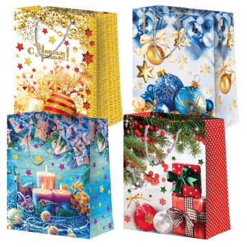 НГ Пакет подарочный ламинированный (26x33x13) Микс НГ №2 4 дизайна 1/12/240