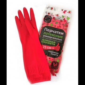 Резиновые перчатки с х/б напыл латекс хозяйств с удлин манжетой 25см разм М 88гр КП 1/12/120