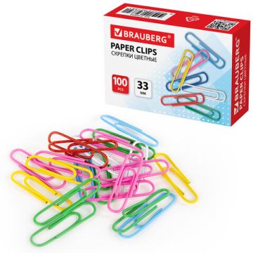 Скрепки BRAUBERG 33мм цветные, 100шт