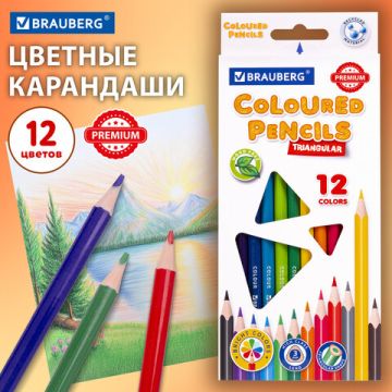 Карандаши цветные 12цв пластиковые техгранные грифель мягк. 3мм BRAUBERG PREMIUM 1/12
