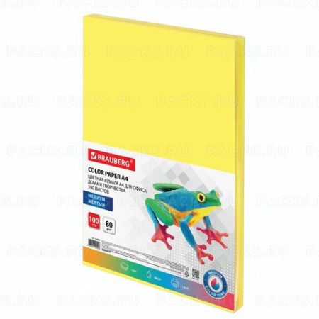 Бумага А4 100л 80г/м2 желтая медиум BRAUBERG 1/10