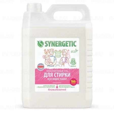 Средство жидкое 5л гель для стирки для всех видов тканей, гипоаллергенный SYNERGETIC 1/4