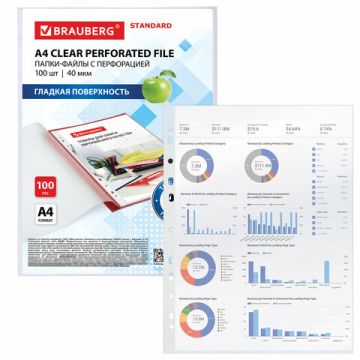 Перфофайлы А4 40мкм гладкие 100шт BRAUBERG STANDARD 1/30