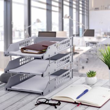 Лоток горизонтальный для бумаг 334х255х271мм (3шт) серый BRAUBERG GRAND OFFICE 1/4 (Клиент)