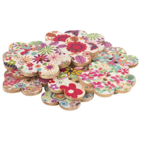 Пуговицы декоративные ЦВЕТЫ, дерево, 28 мм, 16шт., ассорти, ОСТРОВ СОКРОВИЩ (вывод)