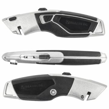 Нож универсальный 18мм с фиксатором метал 4лезвия BRAUBERG Professional 1/12/120 (Клиент)
