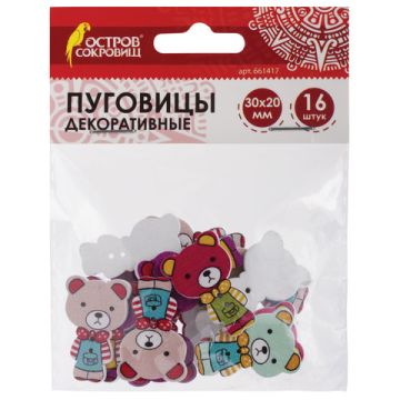 Пуговицы декоративные МИШКИ, дерево, 30*20мм, 16шт., ассорти, ОСТРОВ СОКРОВИЩ (вывод)